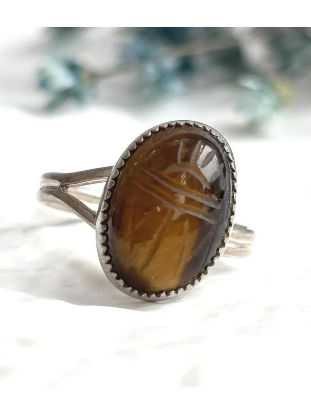 Tiger's Eye Scarab Carved Oval Scarab Sterling Silver 925 Vintage Ring - sz 5.75